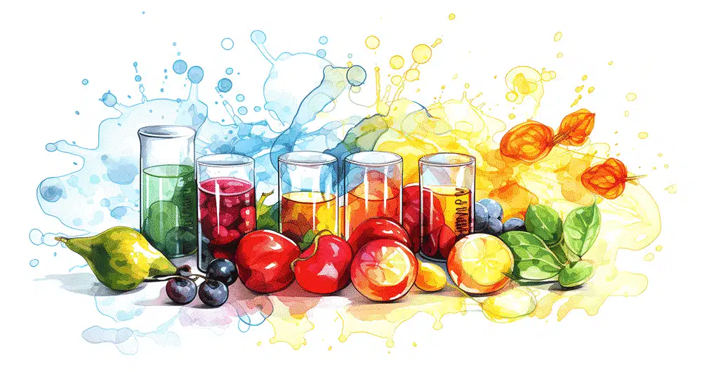 Illustration with fruit and beakers depicting food science